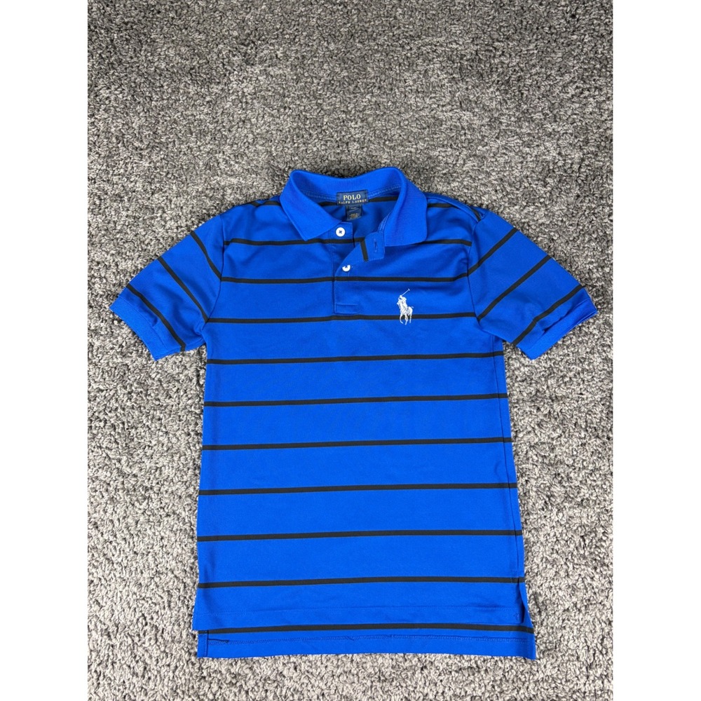 Polo Ralph Lauren Boys Blue Black Striped Performance Polo Shirt Size S 8